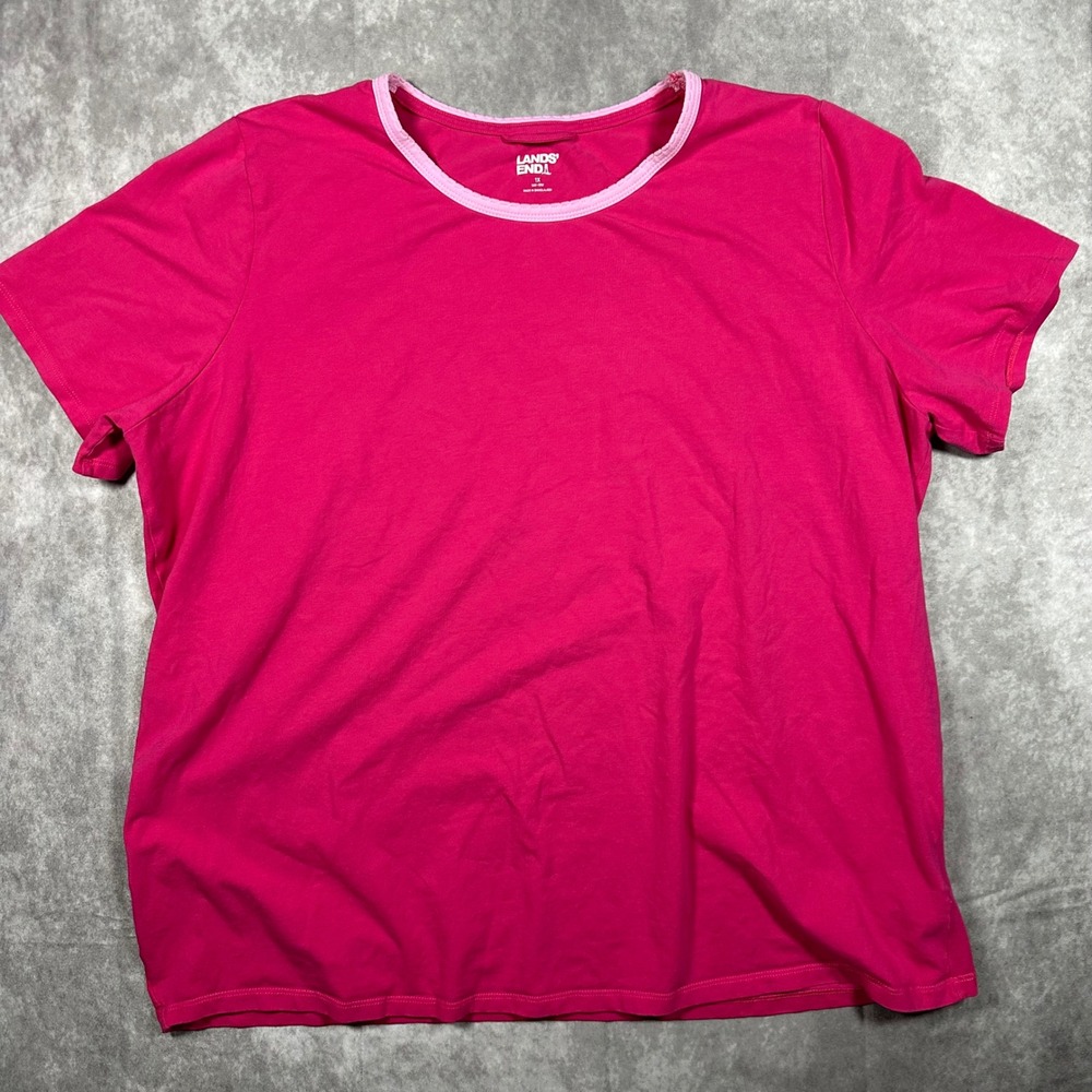 Lands End Womens 1X Pink Ringer T-Shirt Short Sleeve Crew Neck Plus Size 16W-18W